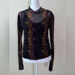 Free People Sheer Lace Floral Long Sleeve Mock Neck Top Size M